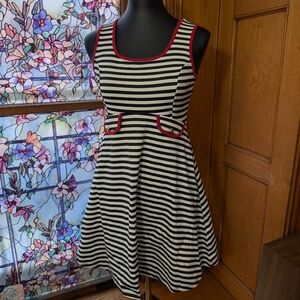 Striped Black and White Dress with Red Trim